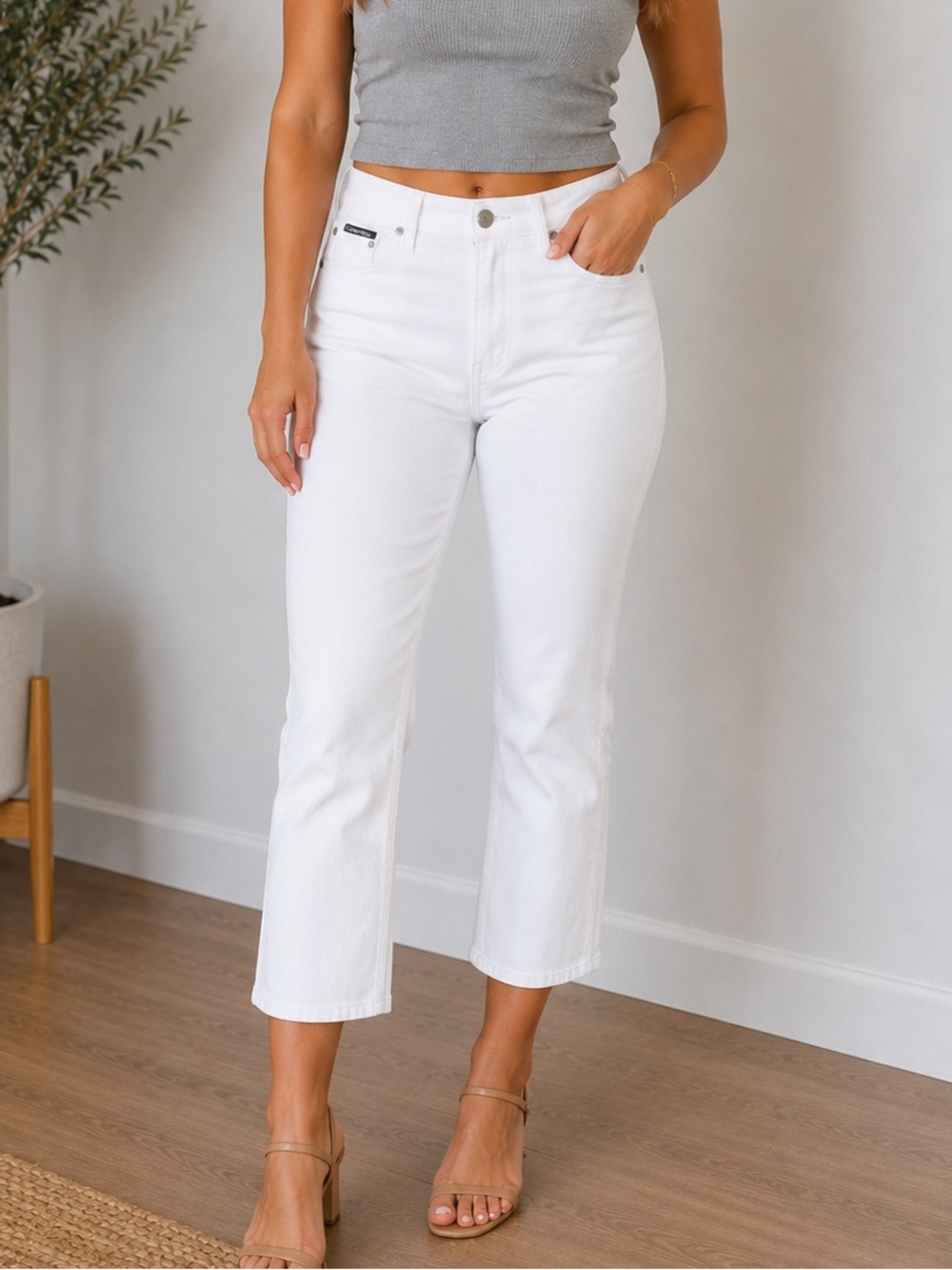 Calvin Klein High Rise White Denim Flare Crop Jeans | Optic White | W25
